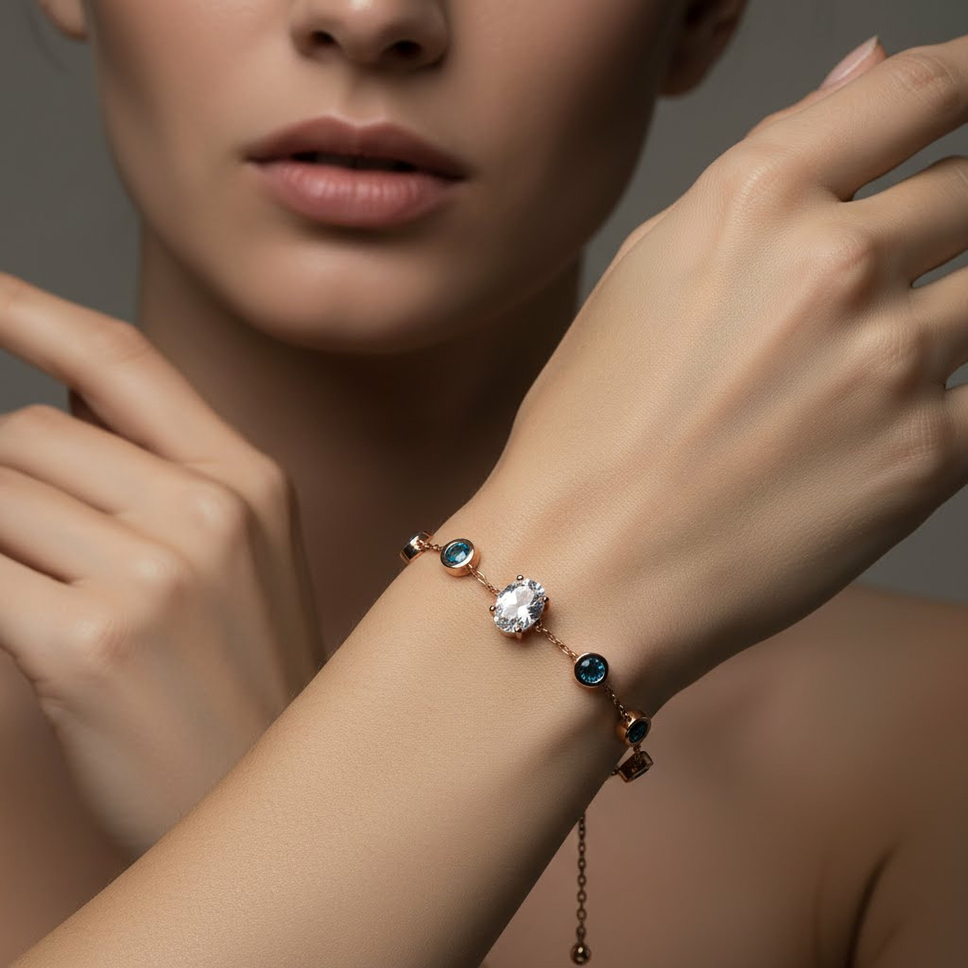 Oval with Blue Bezel Diamonds Bracelet