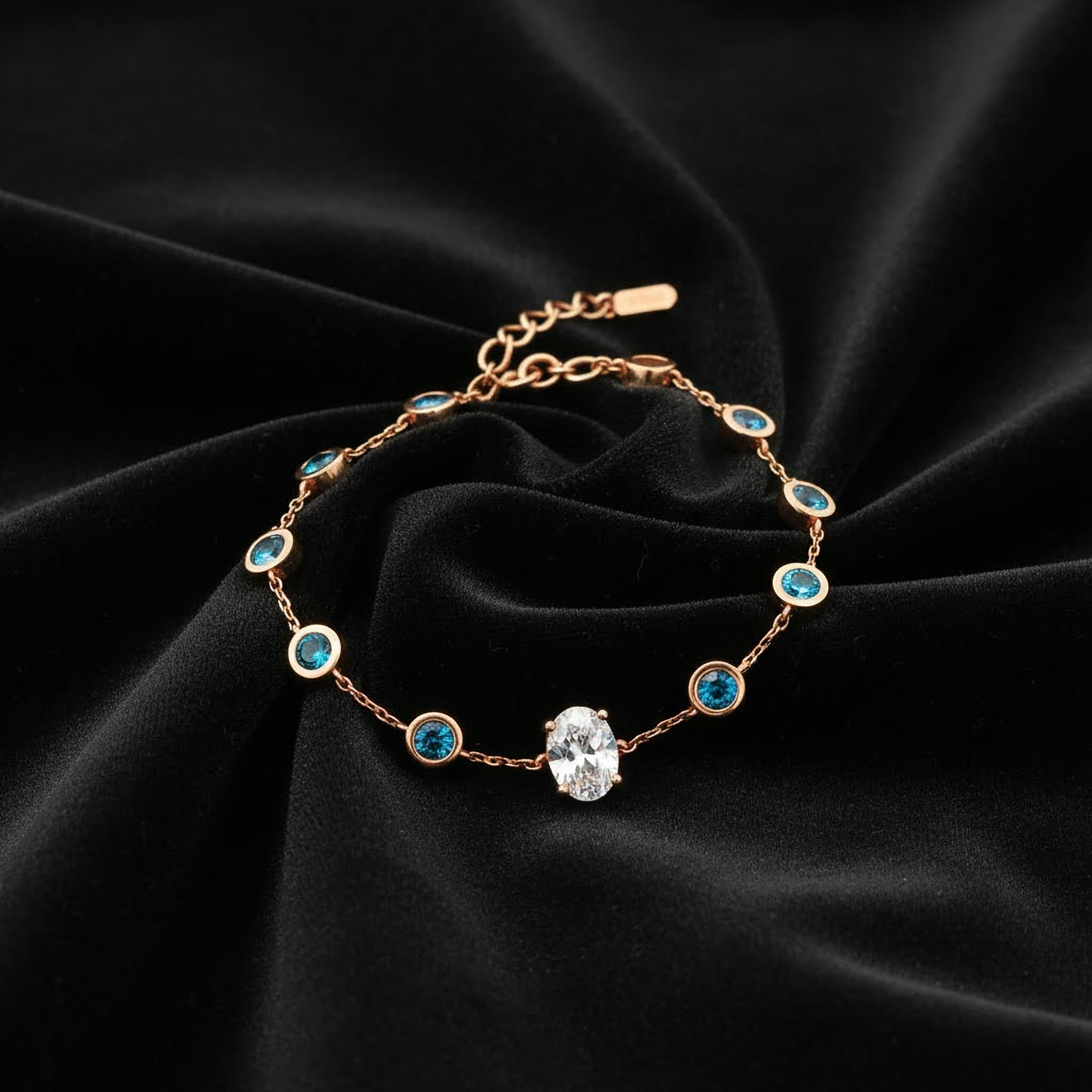 Oval with Blue Bezel Diamonds Bracelet