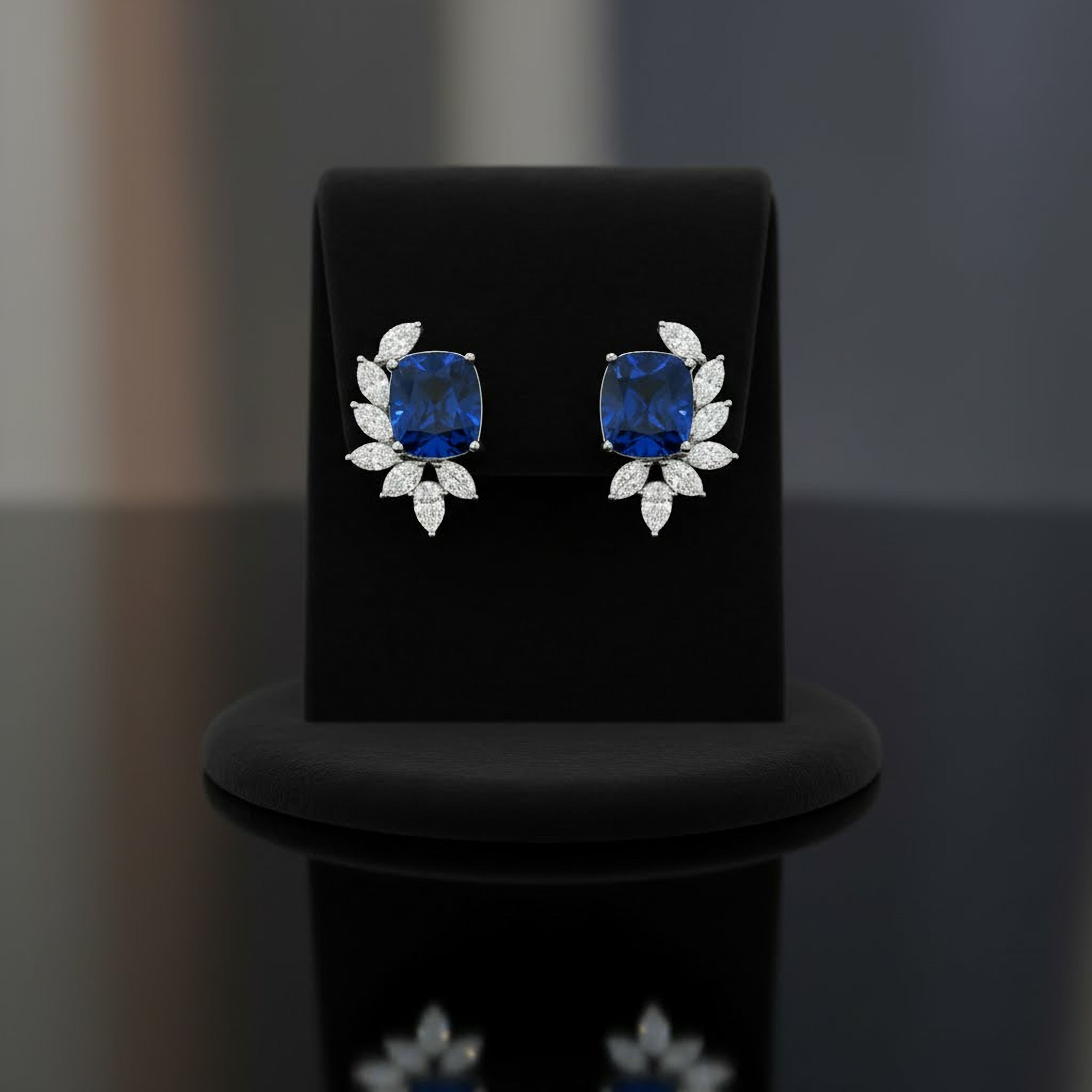 Blue Sapphire 4ct  Cushion Wing Earrings