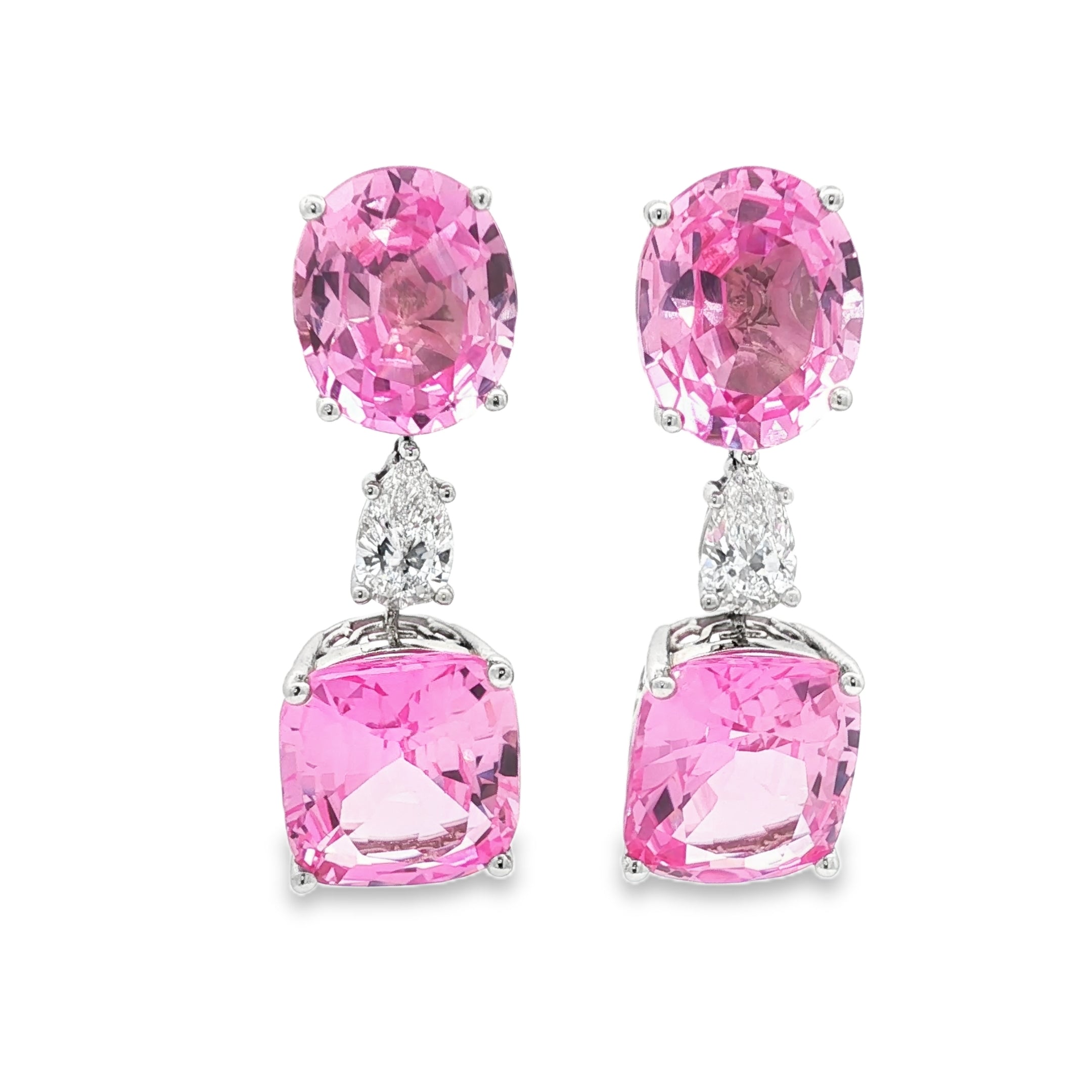 9.46ct Pink Oval x Pear x 12.87ct Pink Cushion Earrings