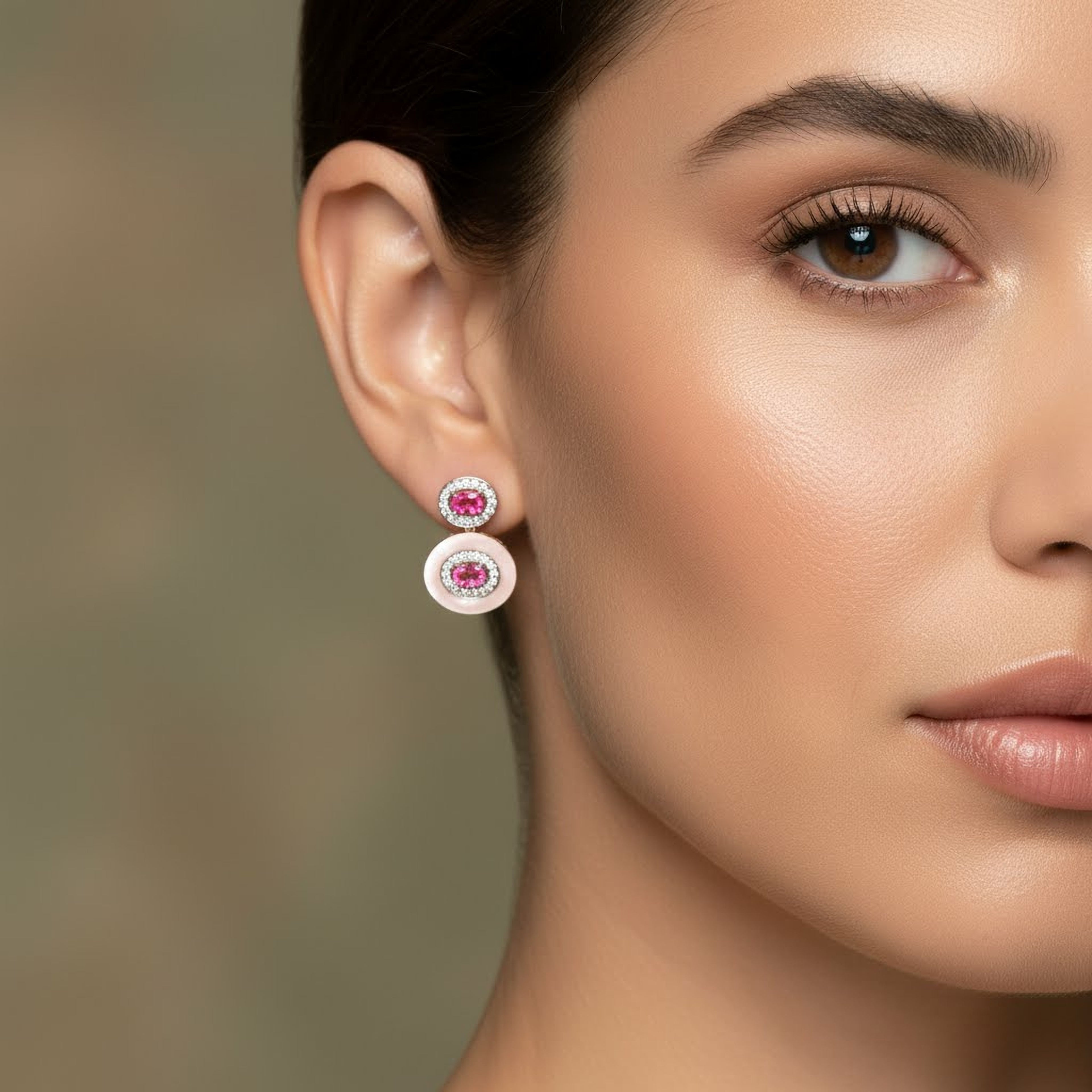 8cts Pink Double Oval Enamel Earrings