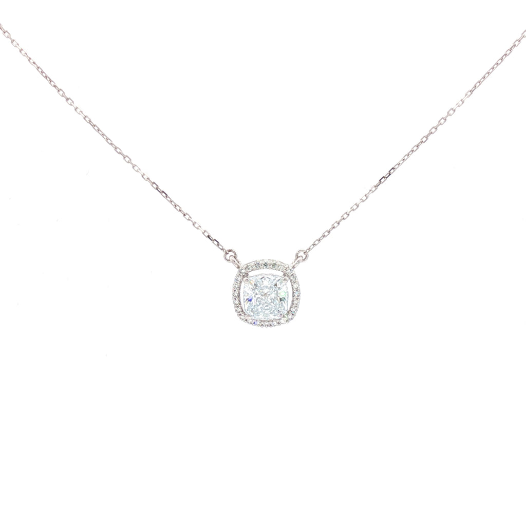 2ct Cushion with Halo Pendant in White Gold
