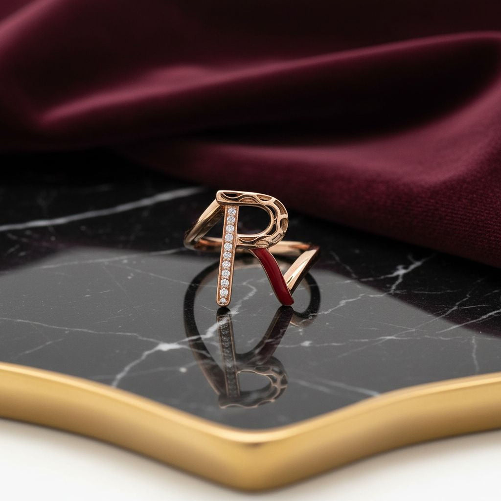 Letters Ring - R (maroon enamel)