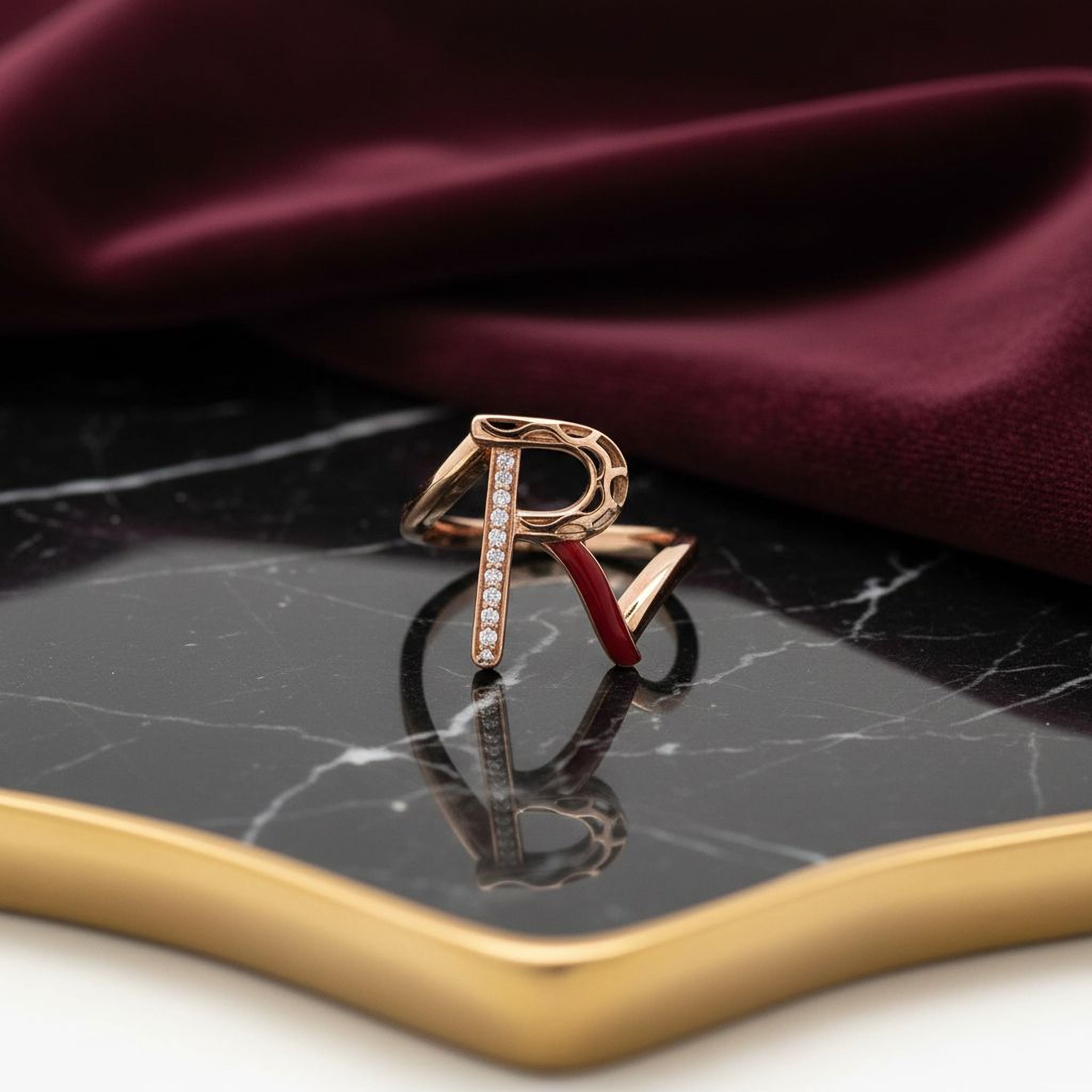 Letters Ring - R (maroon enamel)