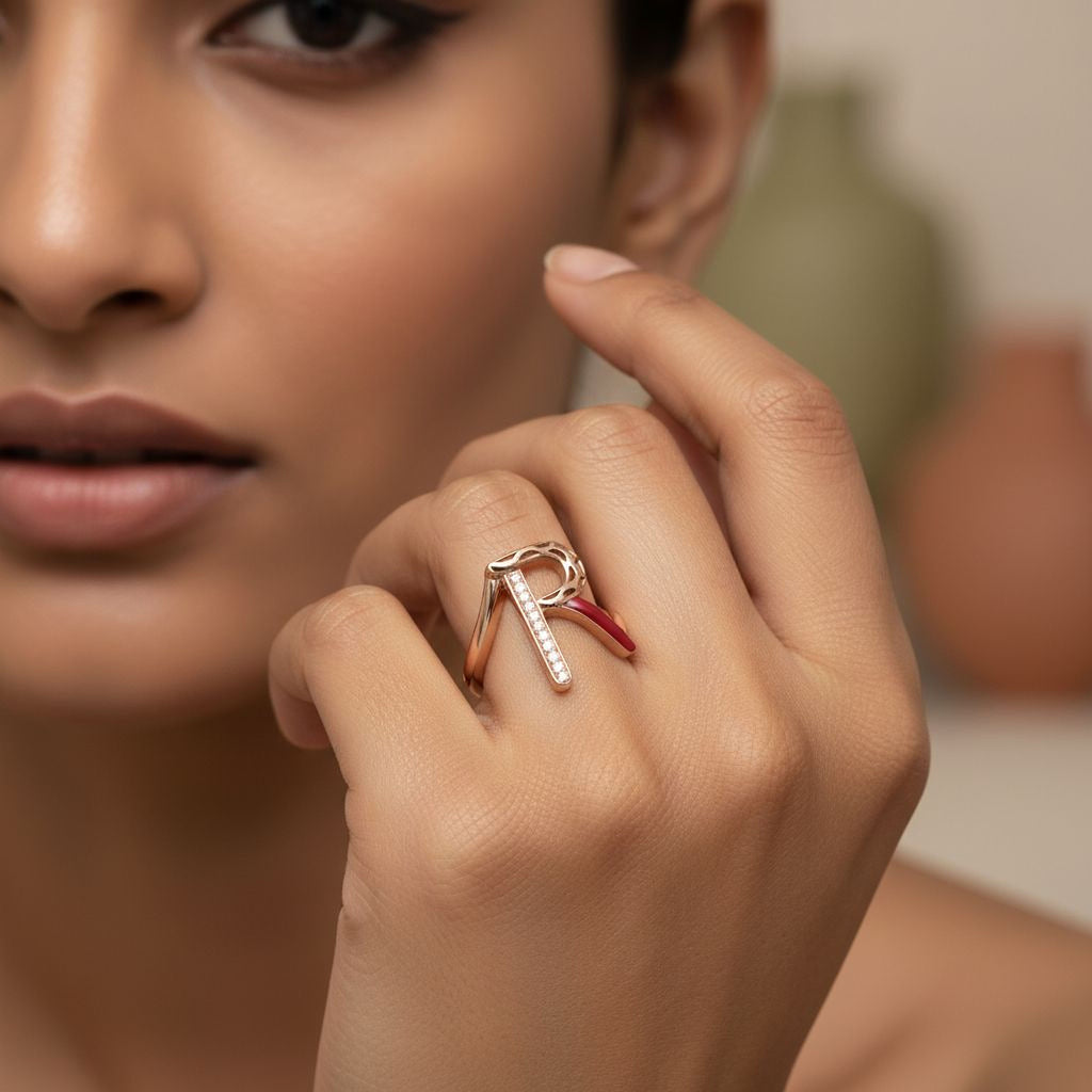 Letters Ring - R (maroon enamel)