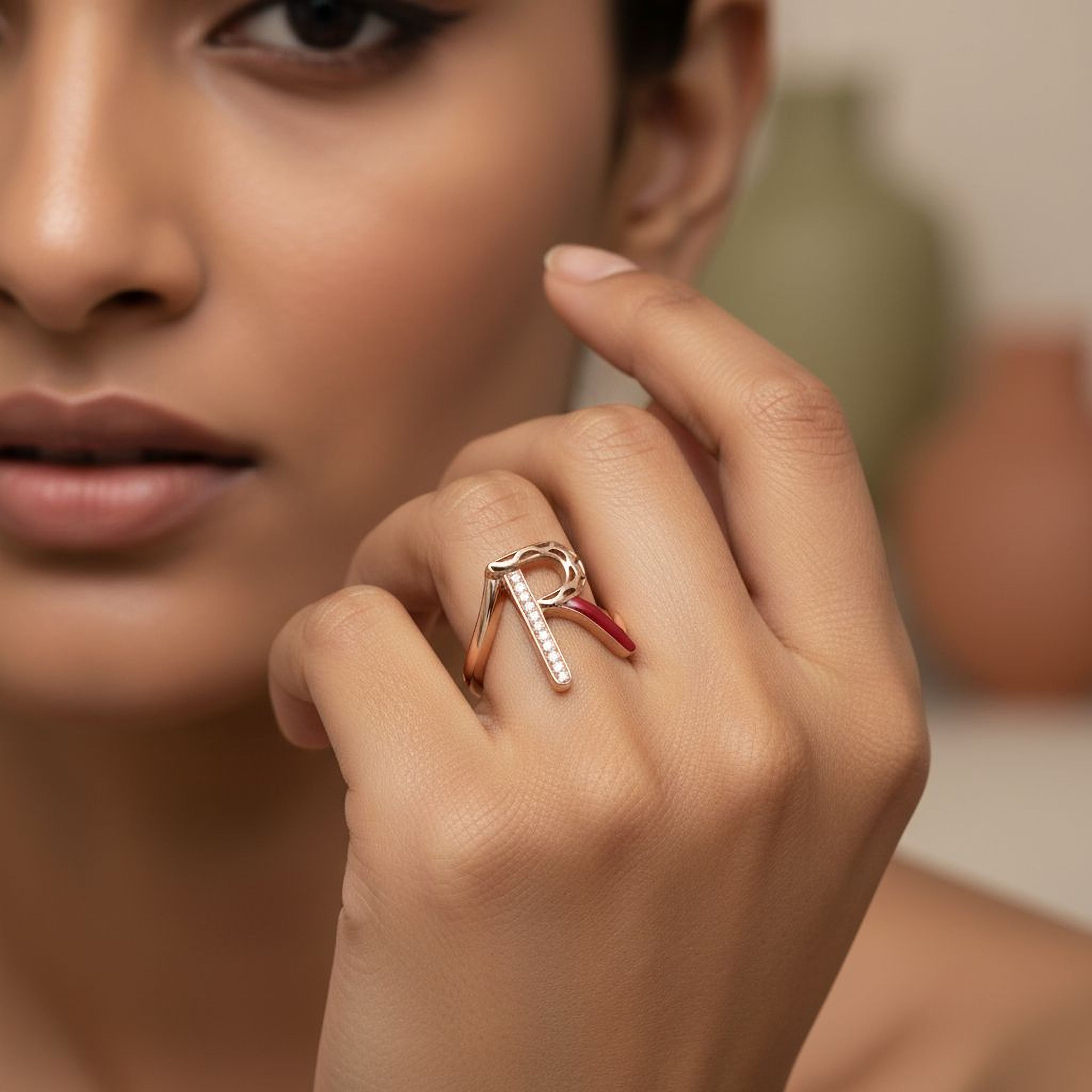 Letters Ring - R (maroon enamel)