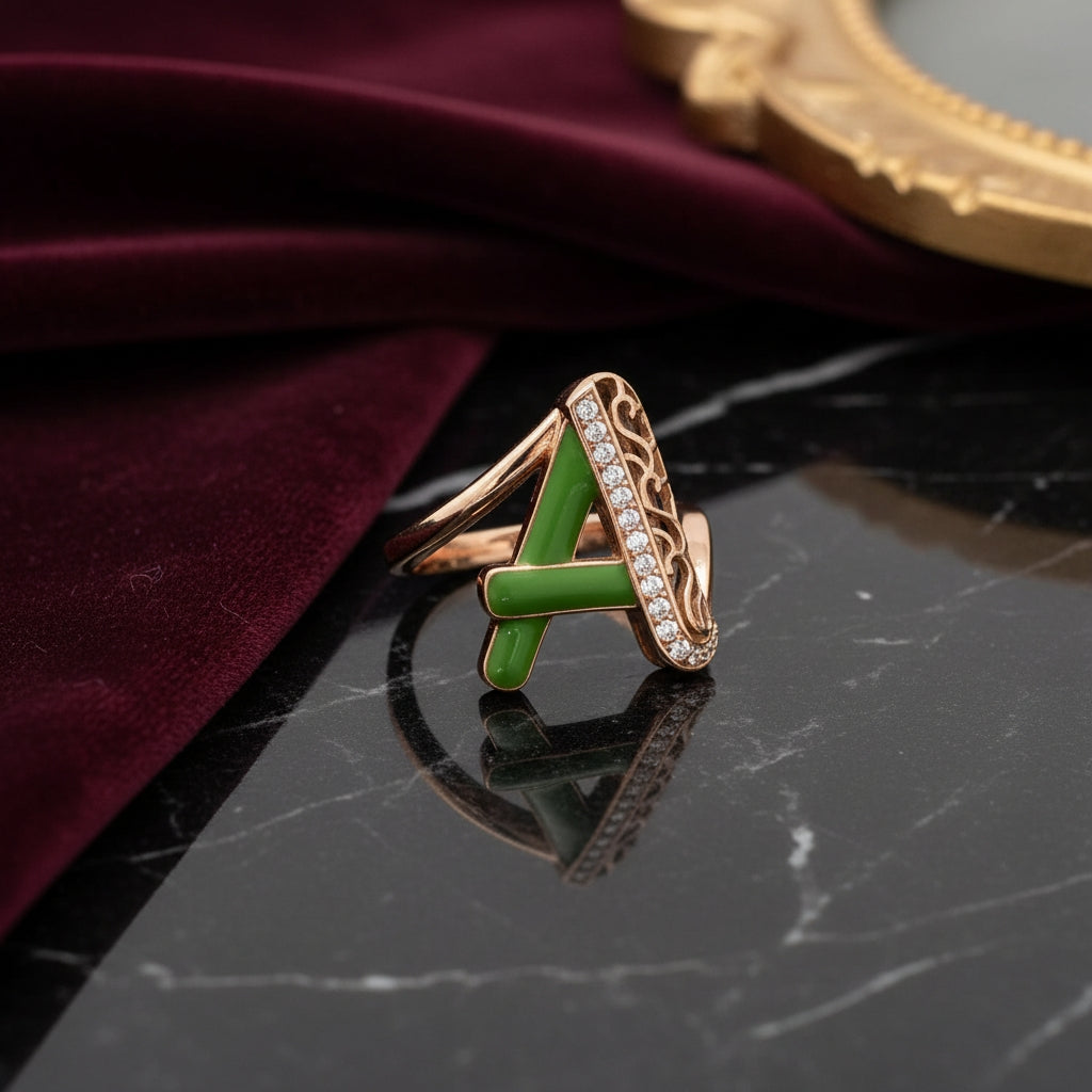 Letters Ring - A (green enamel)
