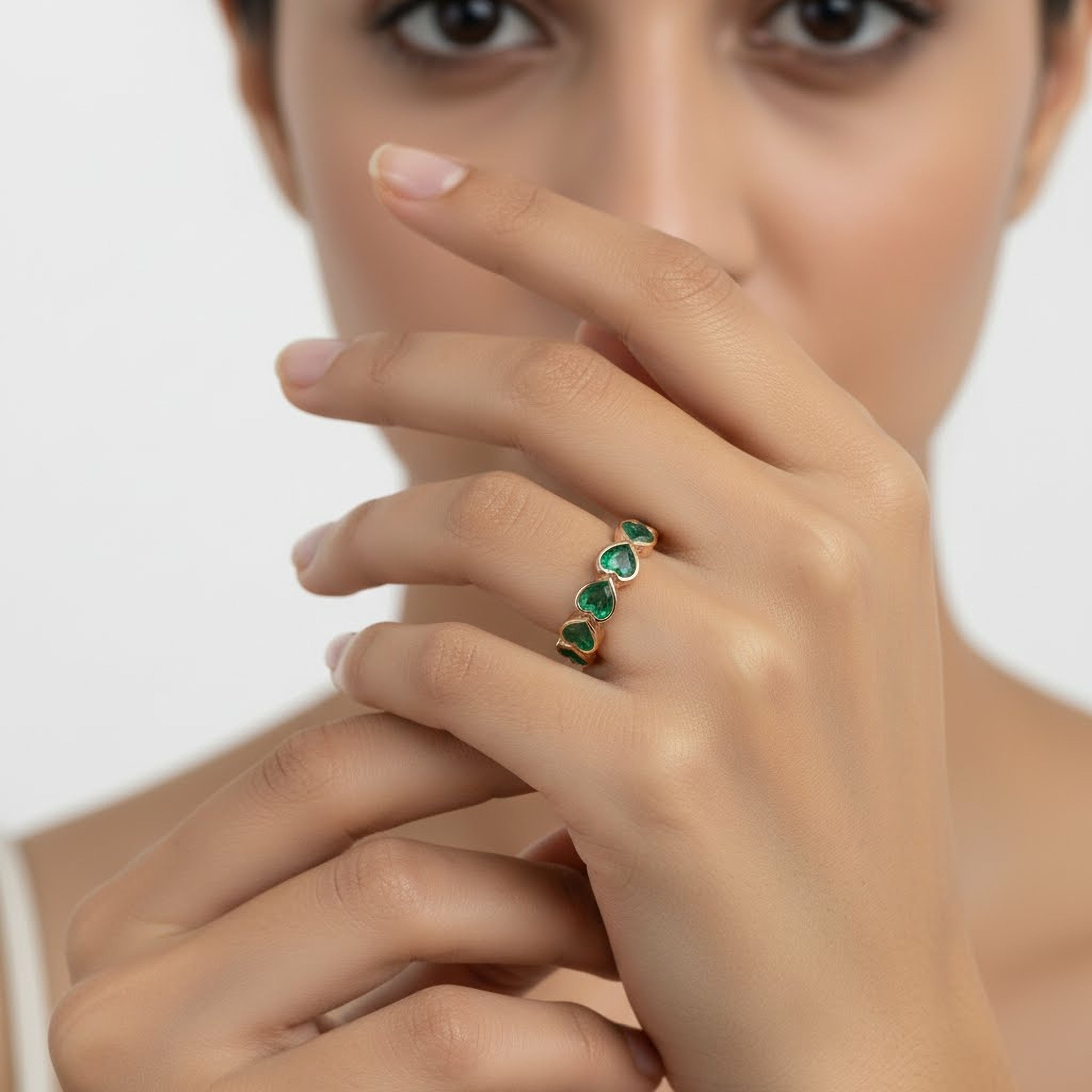 Green Heart Bezel Sideways Eternity Band