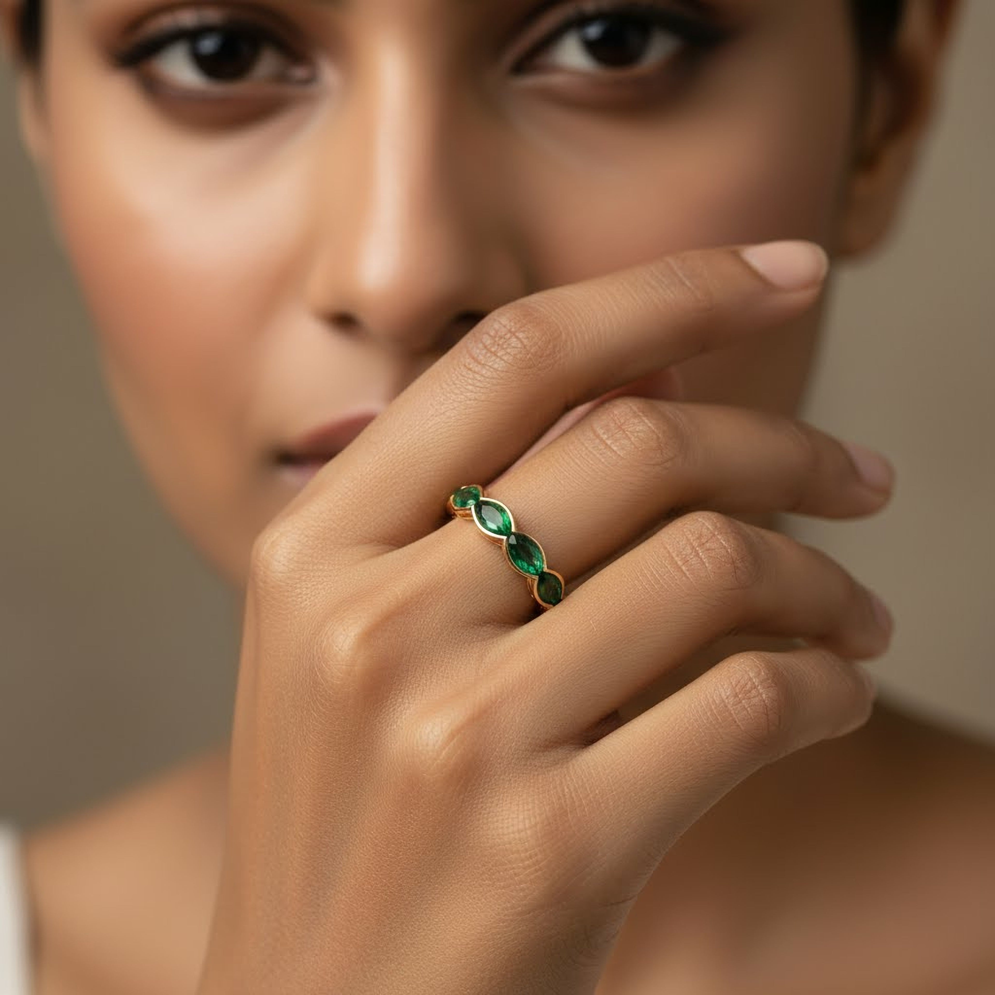Green Marquise Bezel  Sideways Eternity Band