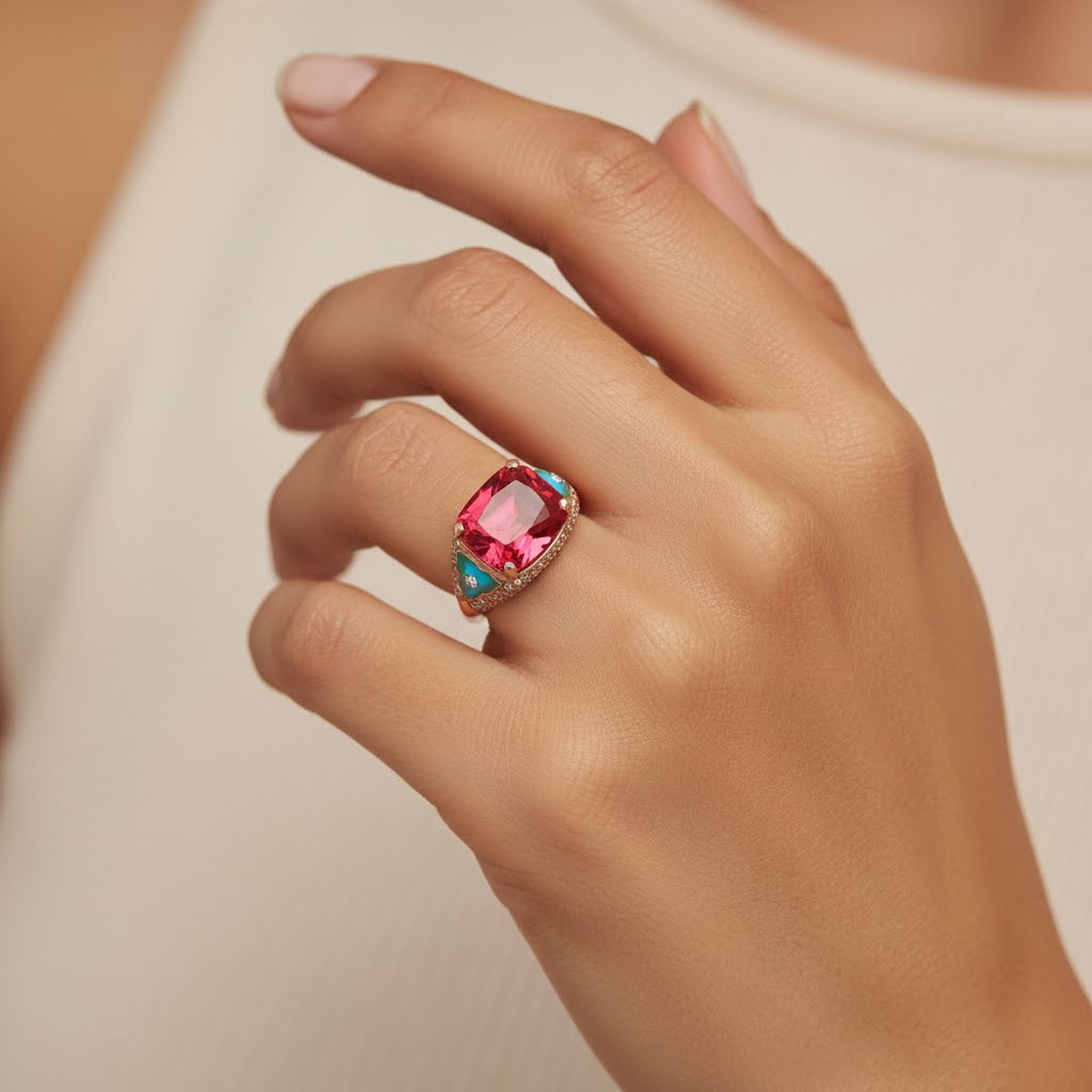 13.34ct Red Cushion Enamel Ring