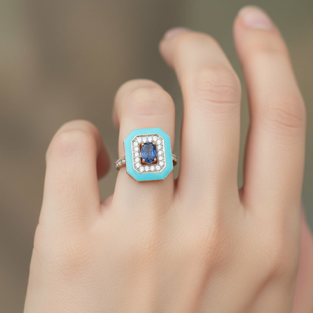 1.79cts Blue Sapphire Emerald Enamel Ring