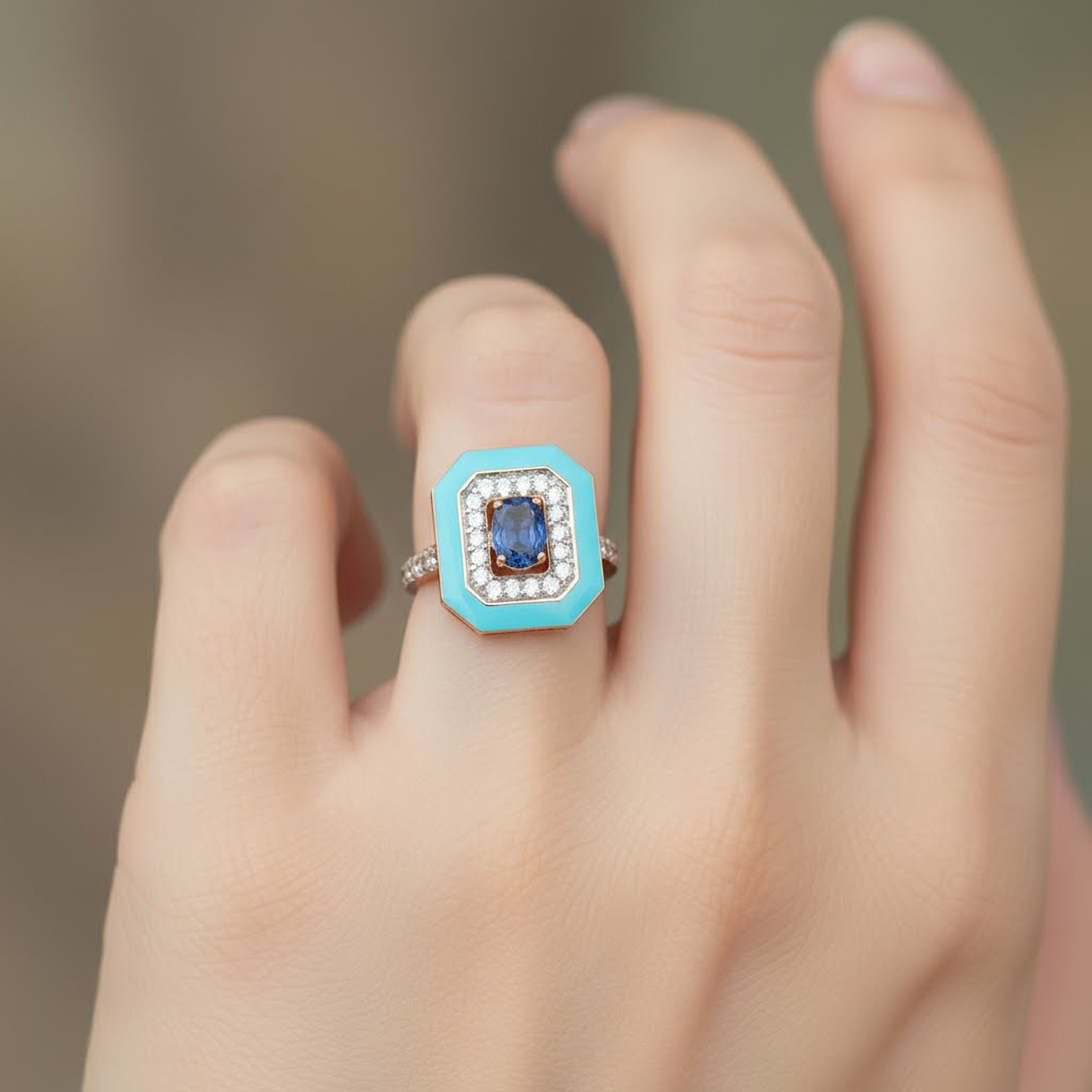 1.79cts Blue Sapphire Emerald Enamel Ring