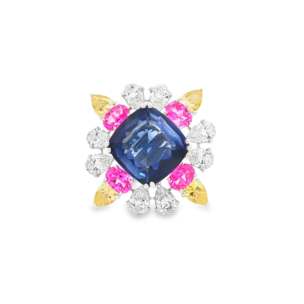 22.56cts Blue Cushion x Pink + Yellow Stones Ring