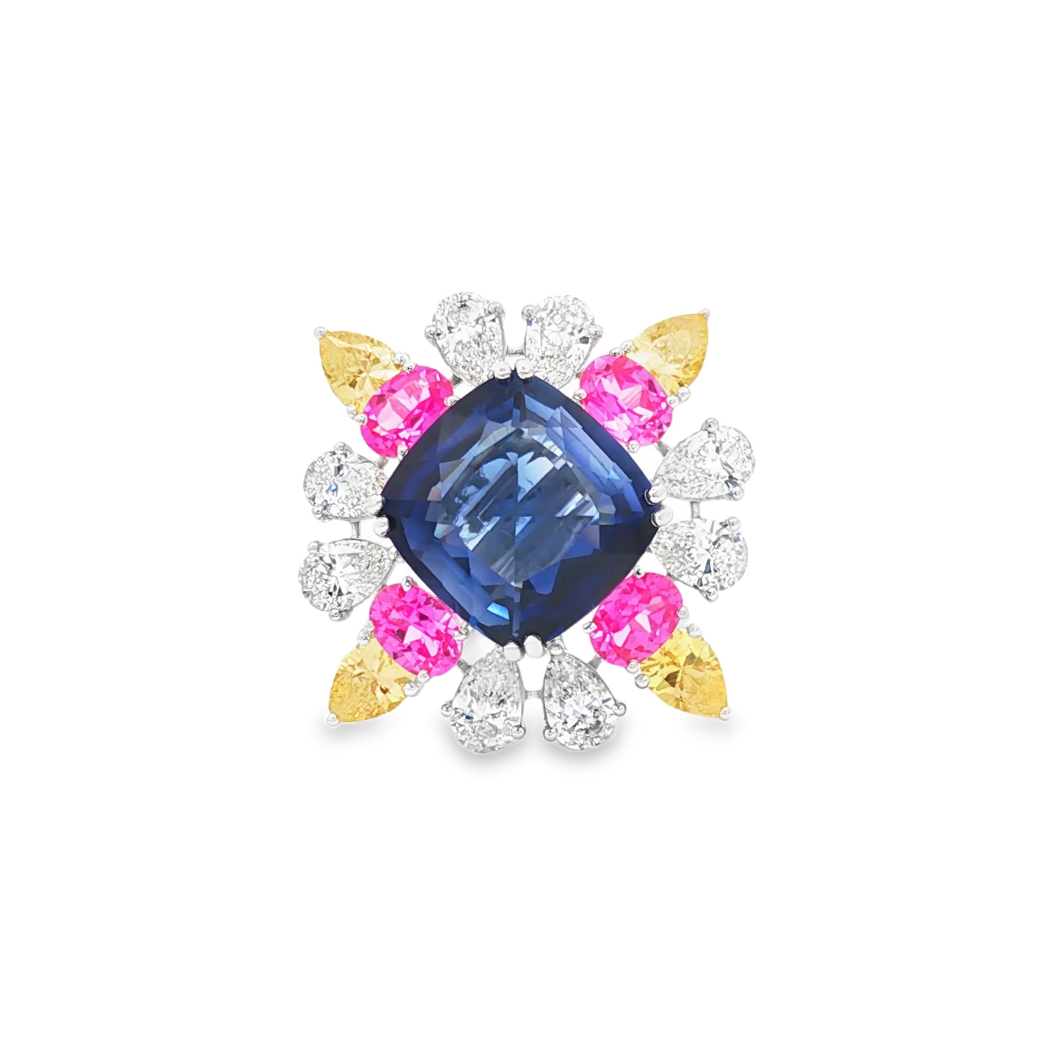 22.56cts Blue Cushion x Pink + Yellow Stones Ring