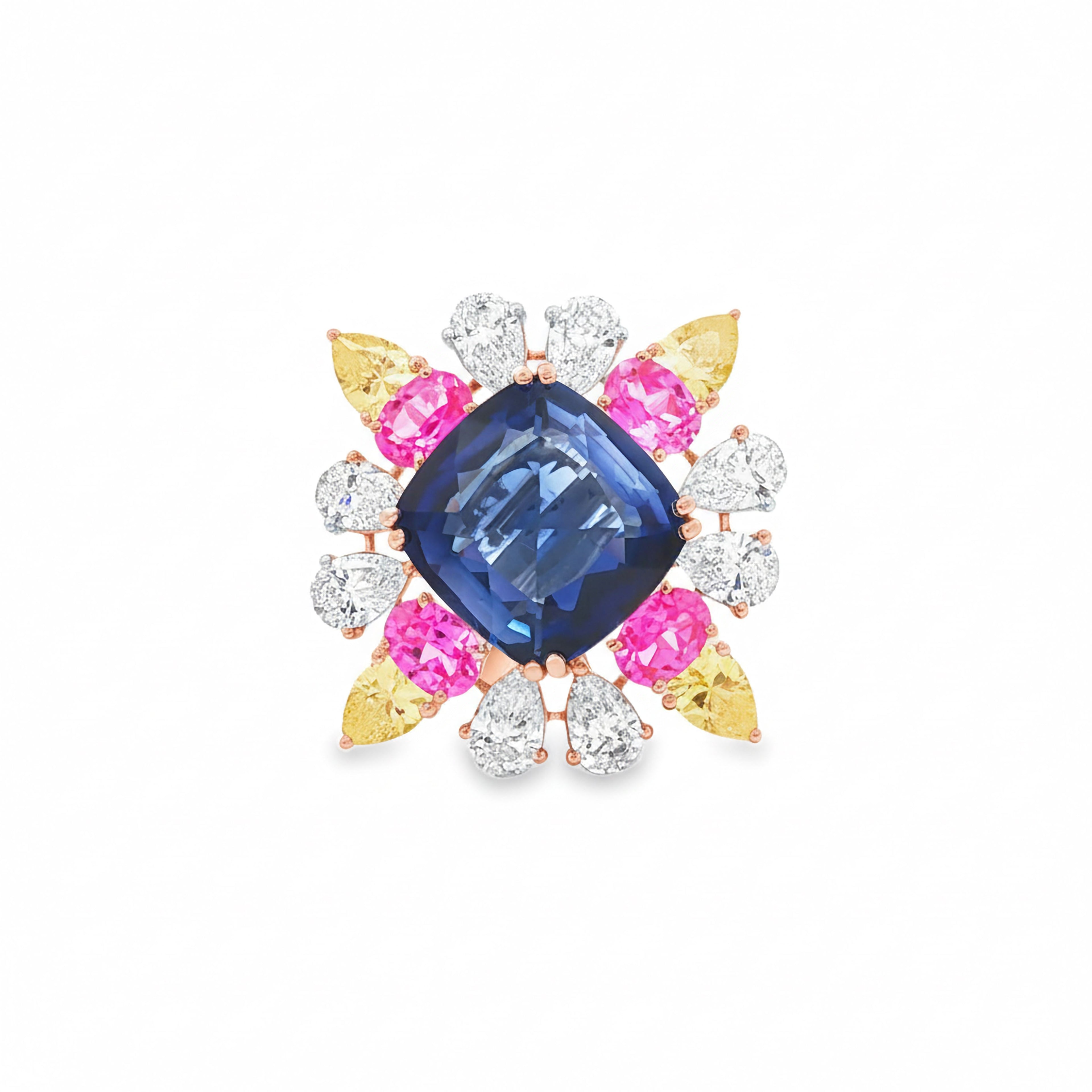 22.56cts Blue Cushion x Pink + Yellow Stones Ring