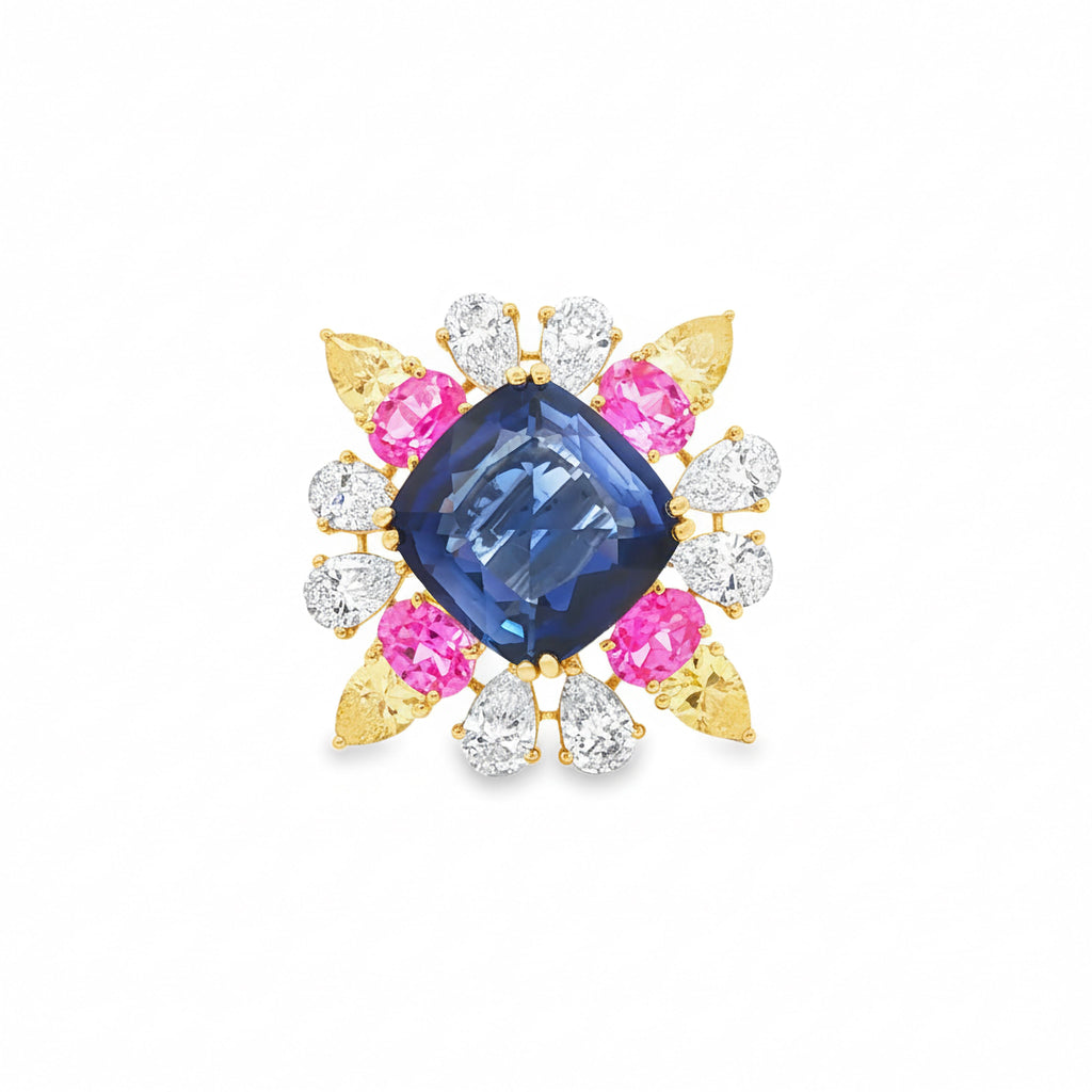 22.56cts Blue Cushion x Pink + Yellow Stones Ring