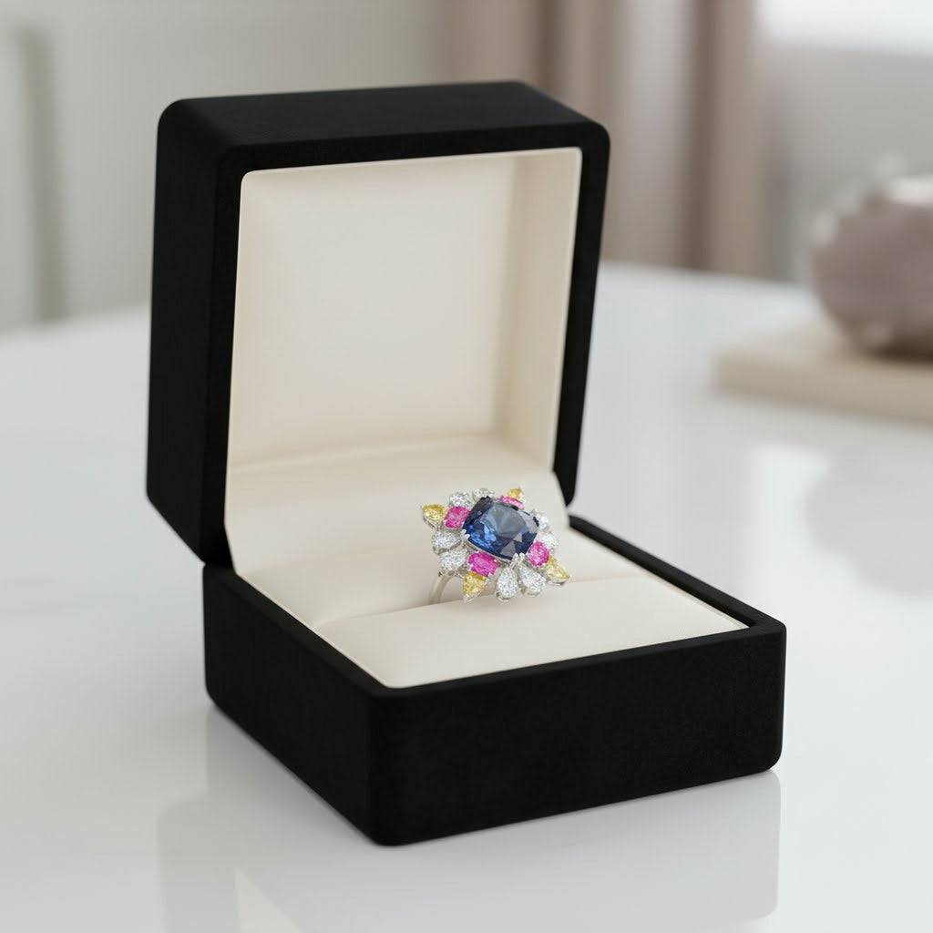 22.56cts Blue Cushion x Pink + Yellow Stones Ring