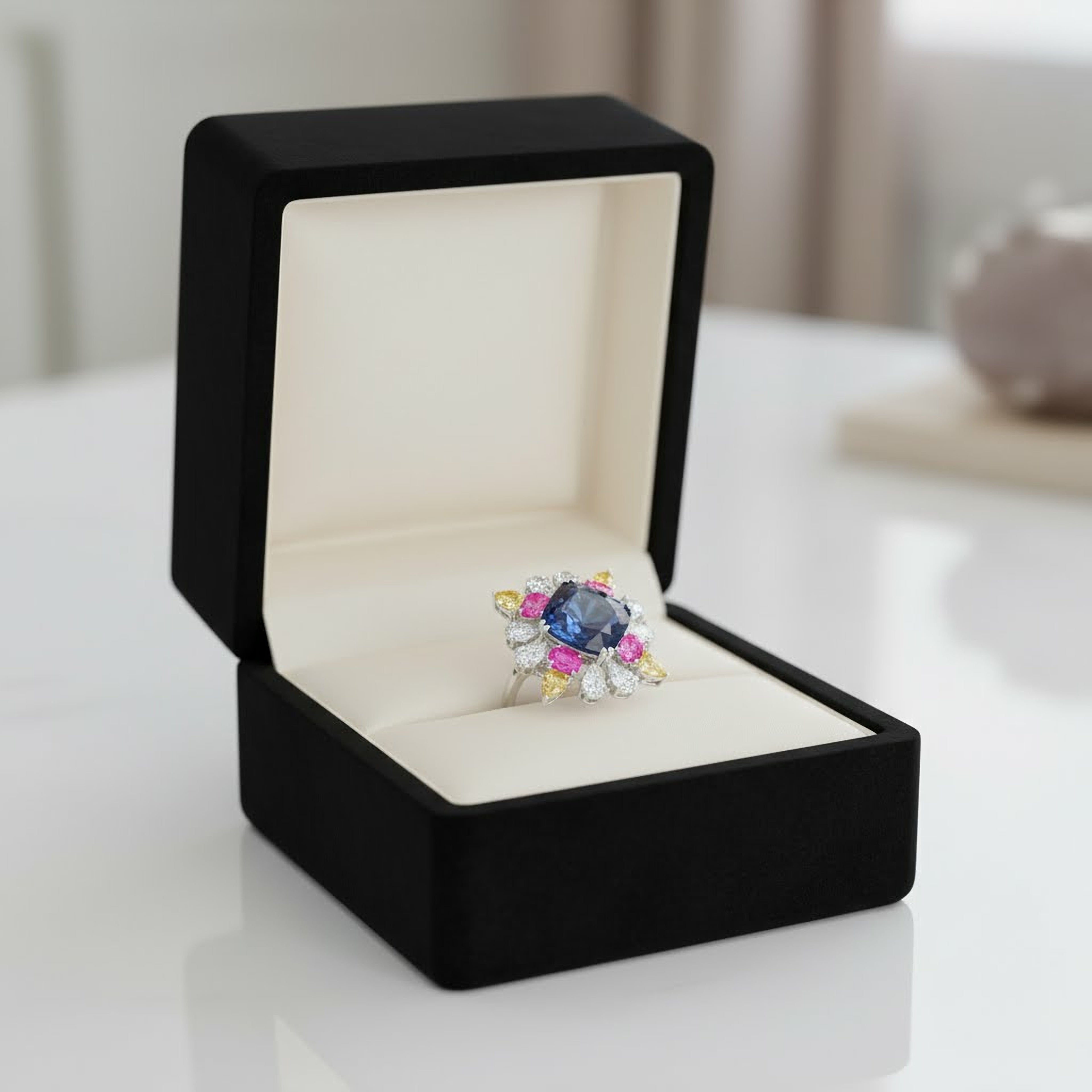 22.56cts Blue Cushion x Pink + Yellow Stones Ring