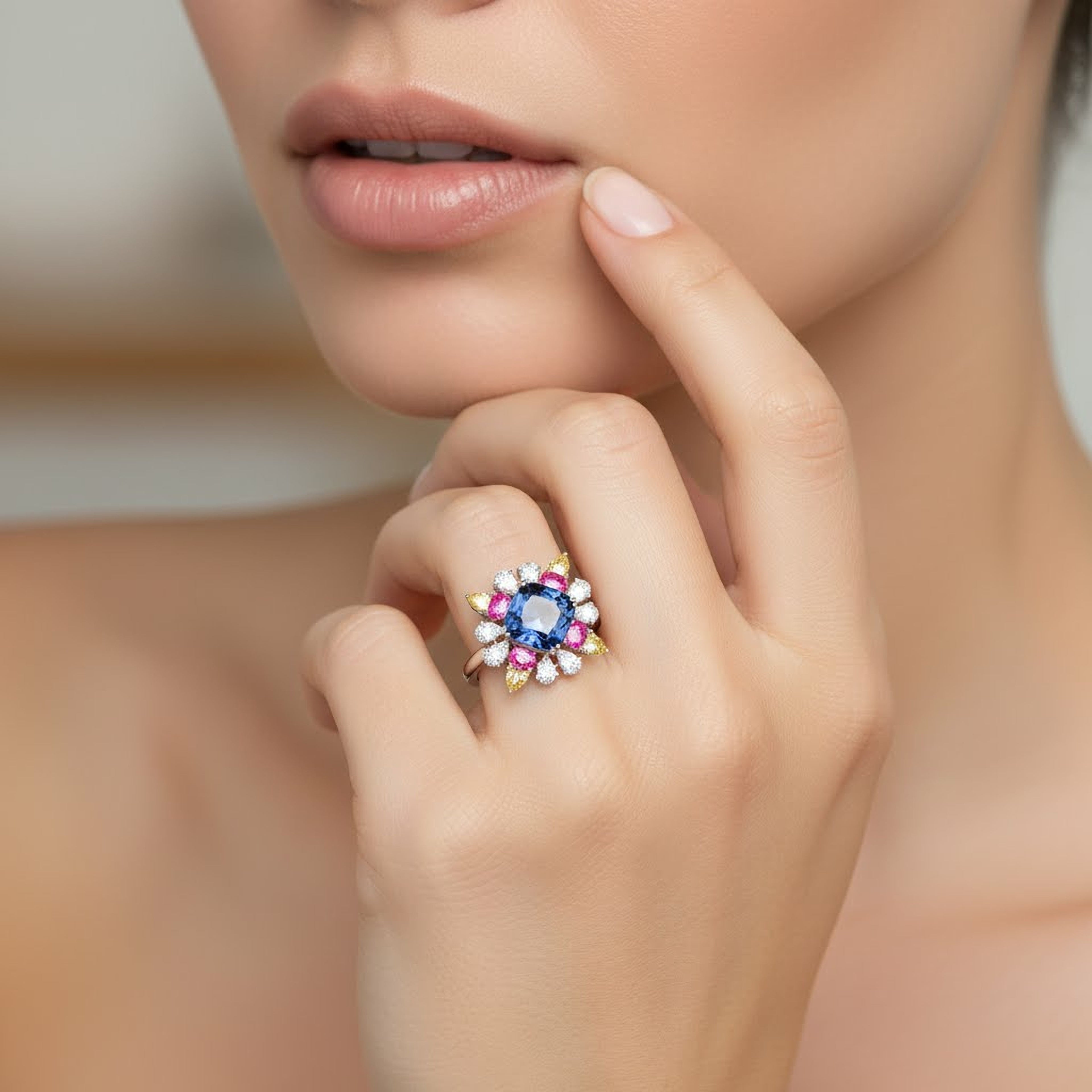 22.56cts Blue Cushion x Pink + Yellow Stones Ring