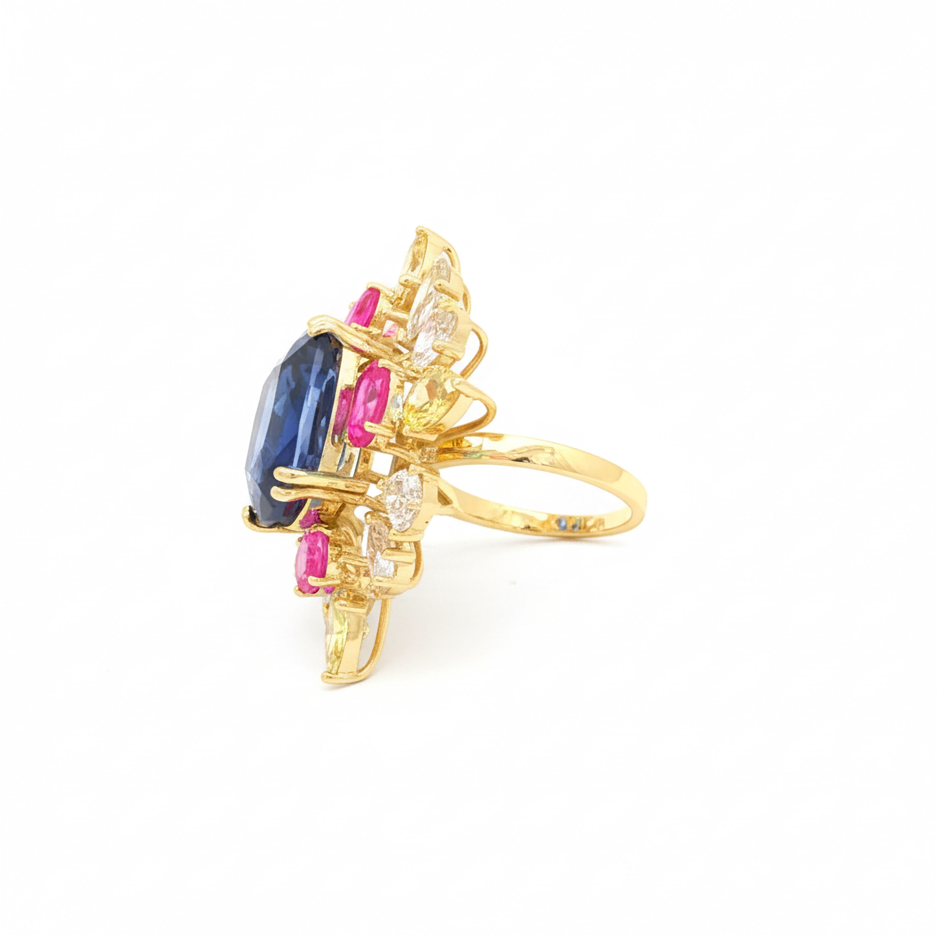 22.56cts Blue Cushion x Pink + Yellow Stones Ring