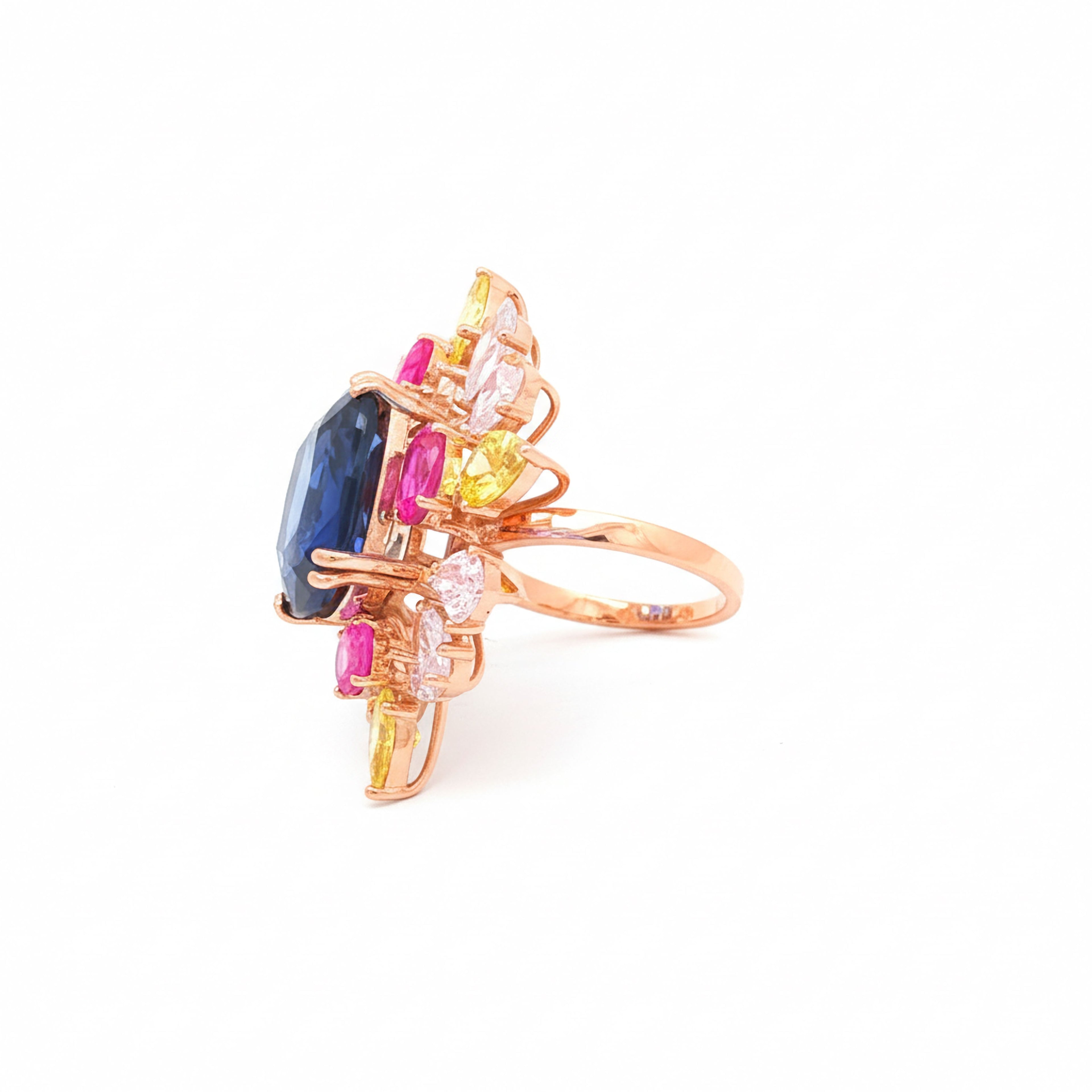 22.56cts Blue Cushion x Pink + Yellow Stones Ring