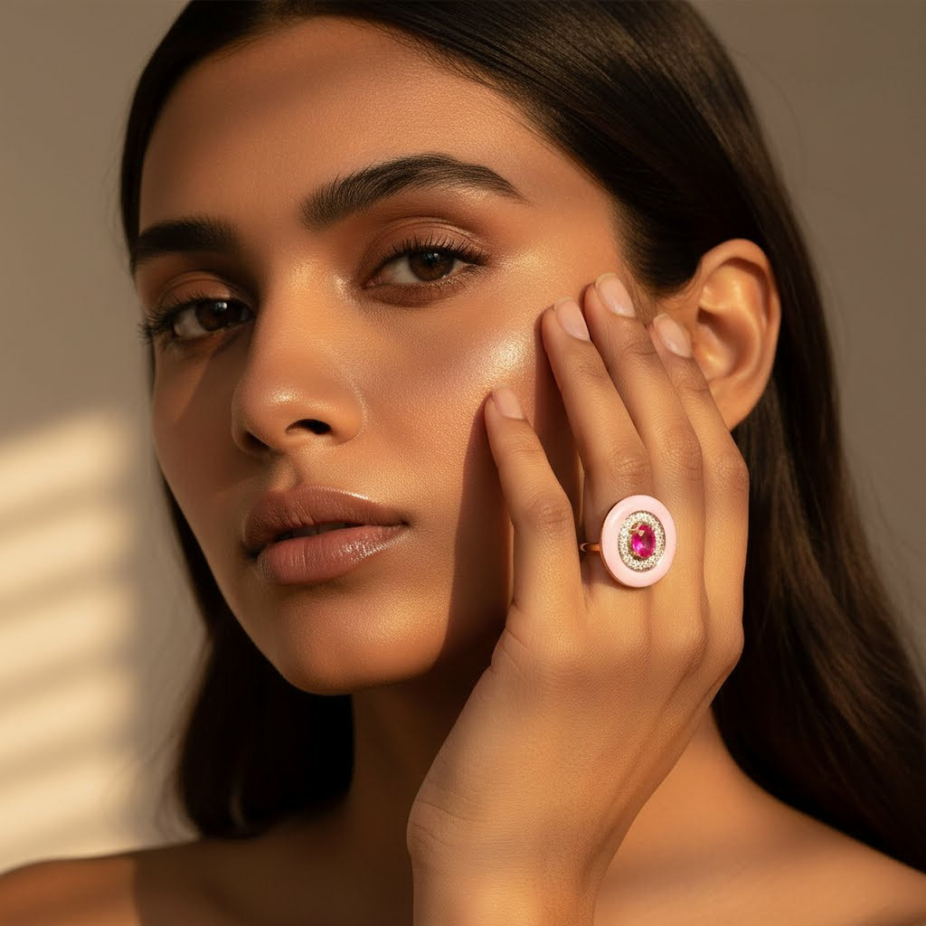 Pink Enamel with Pink Sapphire Cocktail Ring