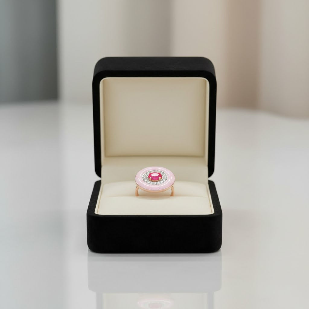 Pink Enamel with Pink Sapphire Cocktail Ring