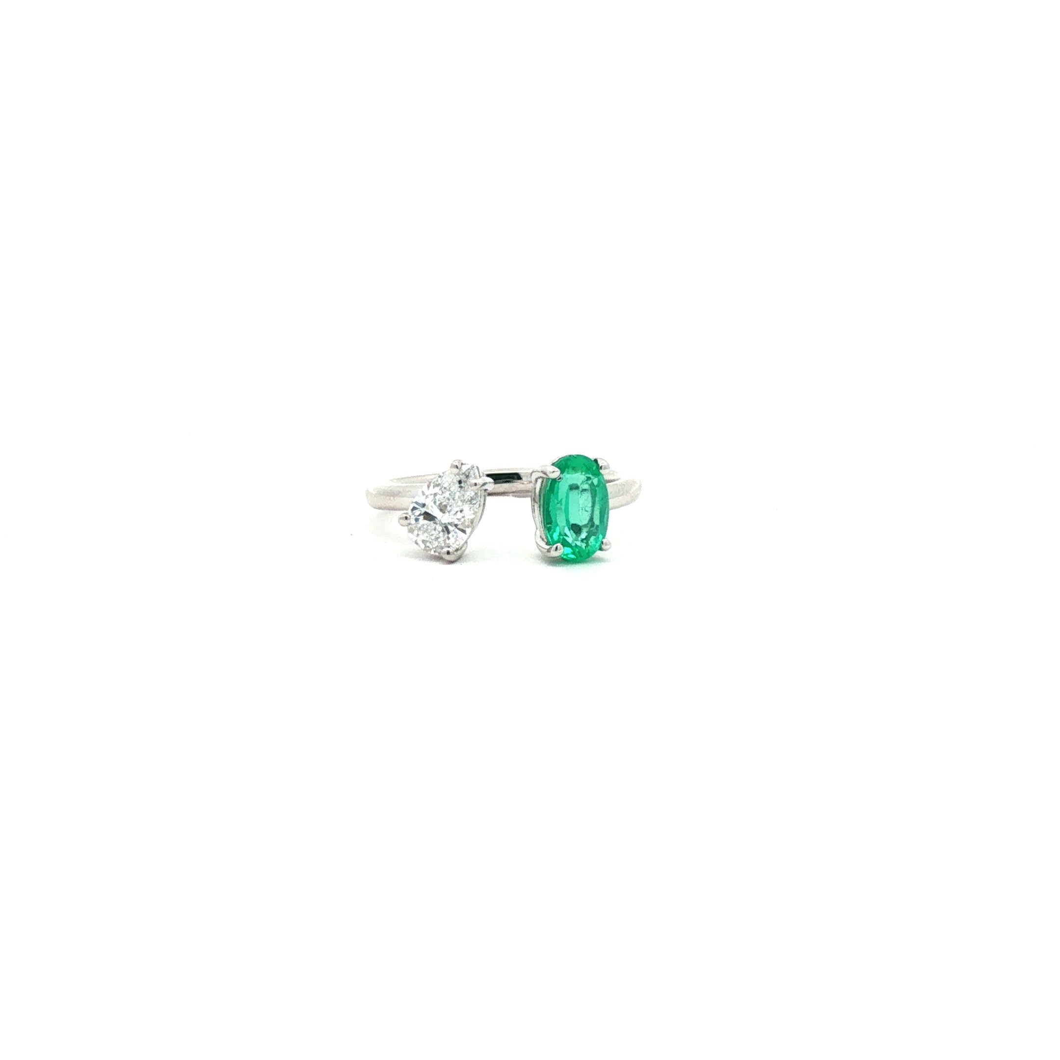Oval Emerald and Pear Diamond Open Bypass Pinky Ring
