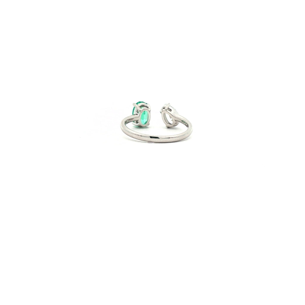 Oval Emerald and Pear Diamond Open Bypass Pinky Ring