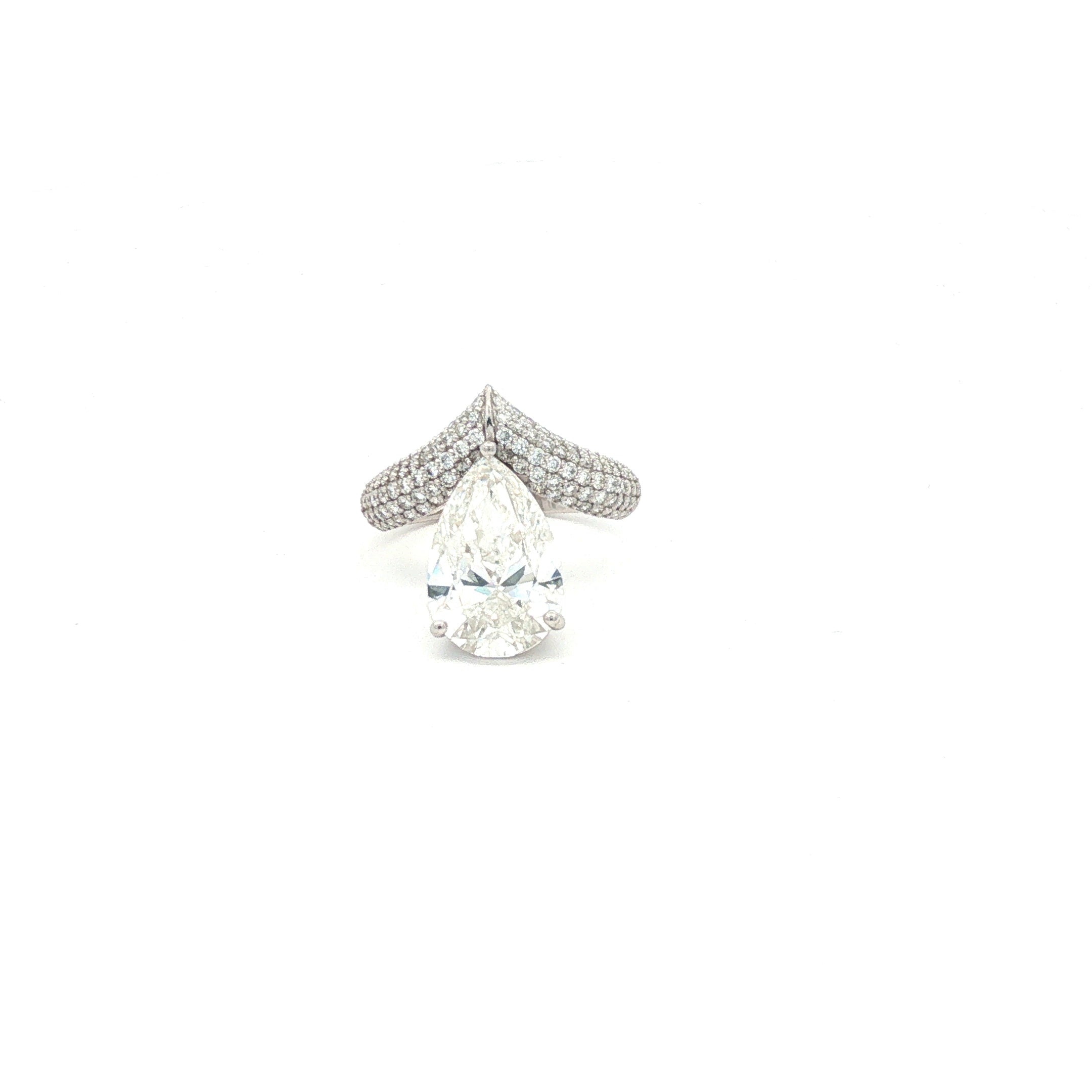 White Gold Pear Diamond Ring with Pavé Chevron Band
