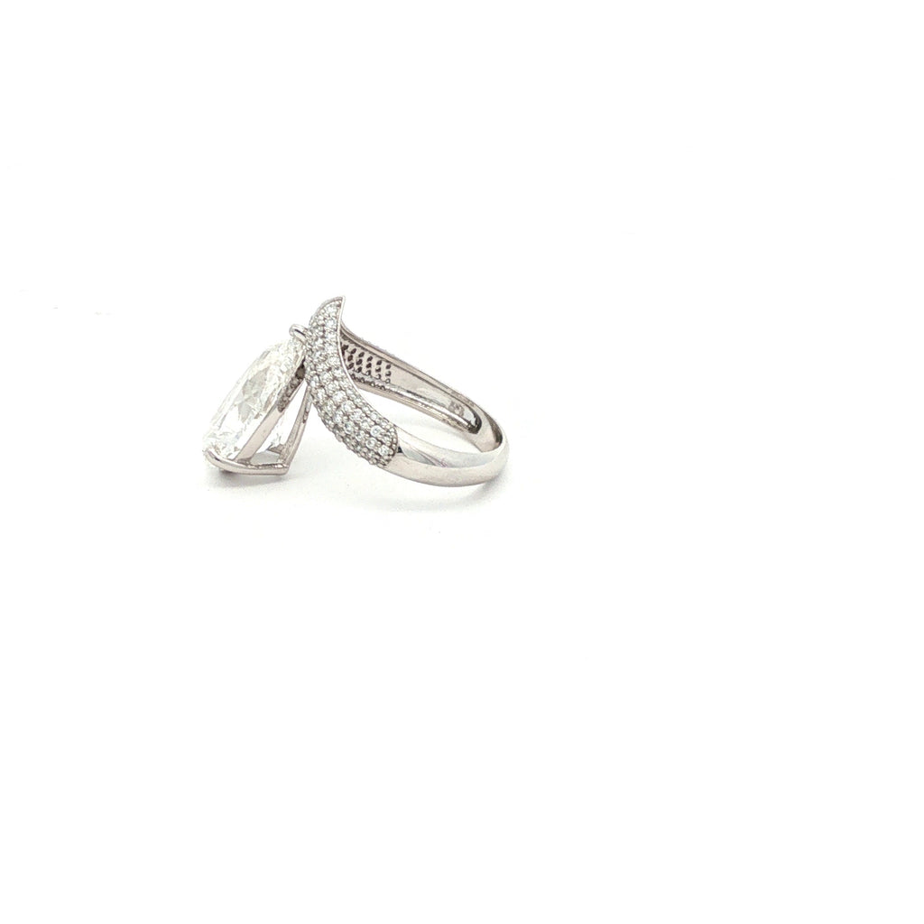 White Gold Pear Diamond Ring with Pavé Chevron Band