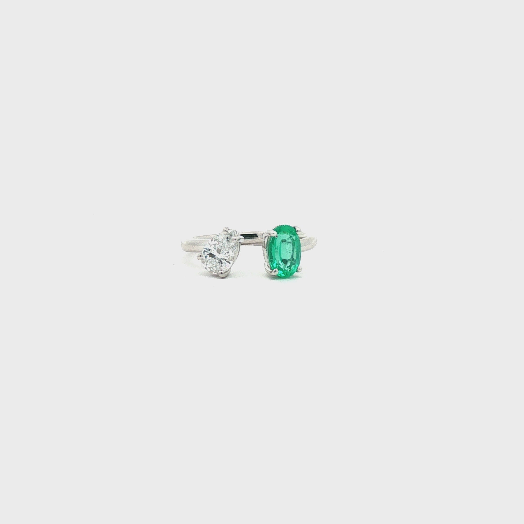 Oval Emerald and Pear Diamond Open Bypass Pinky Ring