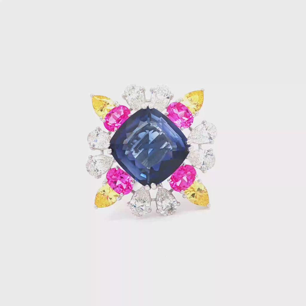 22.56cts Blue Cushion x Pink + Yellow Stones Ring